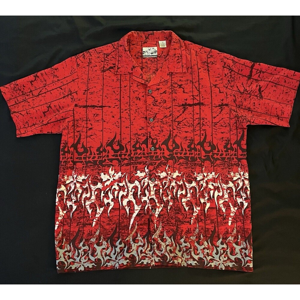 VTG Pineapple Connection Flame Shirt Mens XL Red Tribal Fire All Over Print Y2K